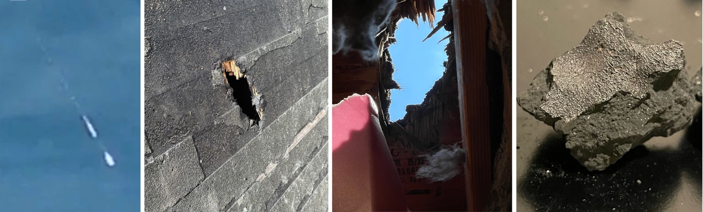 An image of a meteor falling to Earth, an image of a hole in the exterior of a roof, the same hole from the interior, and the meteor itself.
